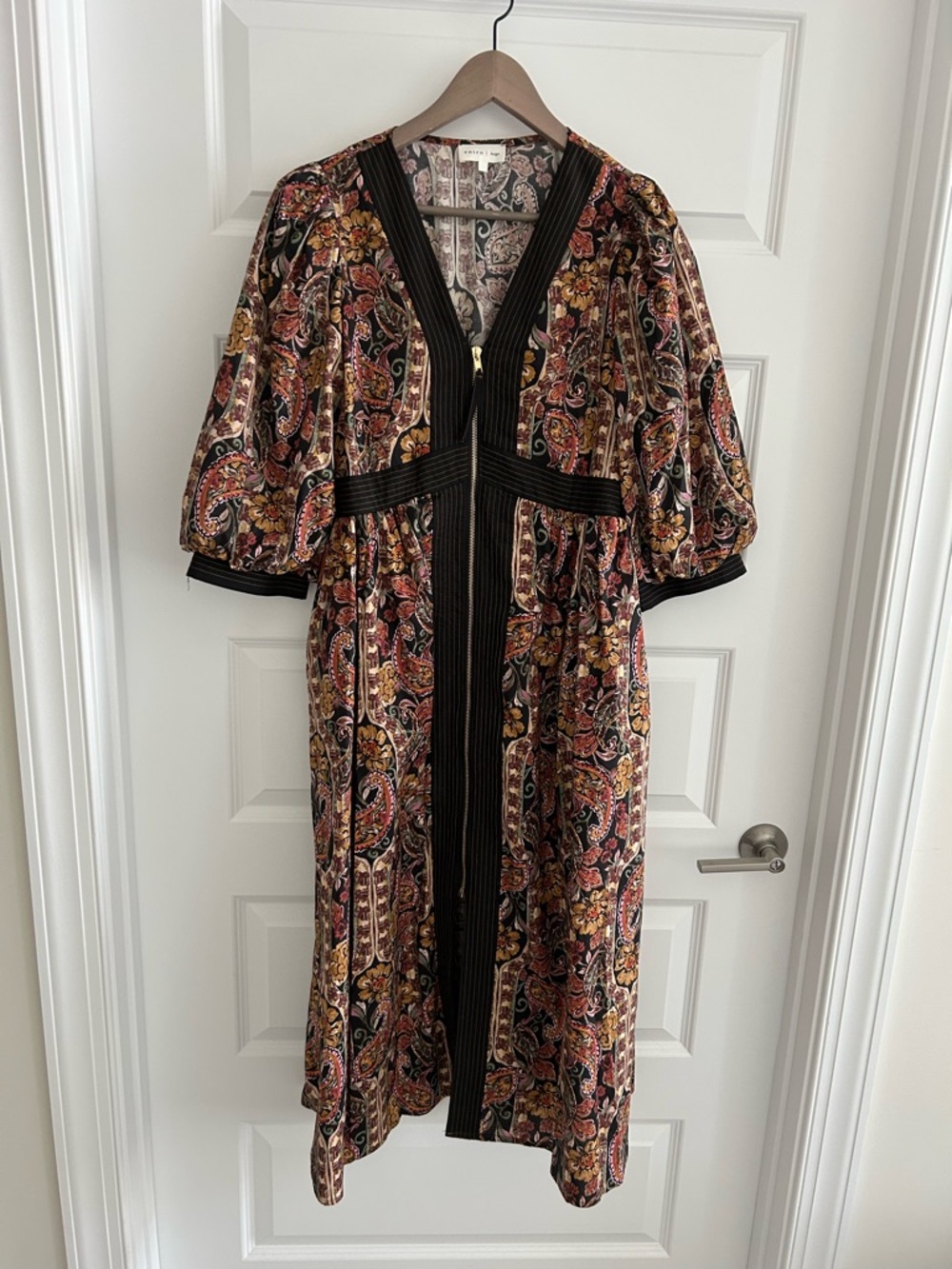 Entro Puff Sleeve Paisley Maxi Dress Black Brown Size L